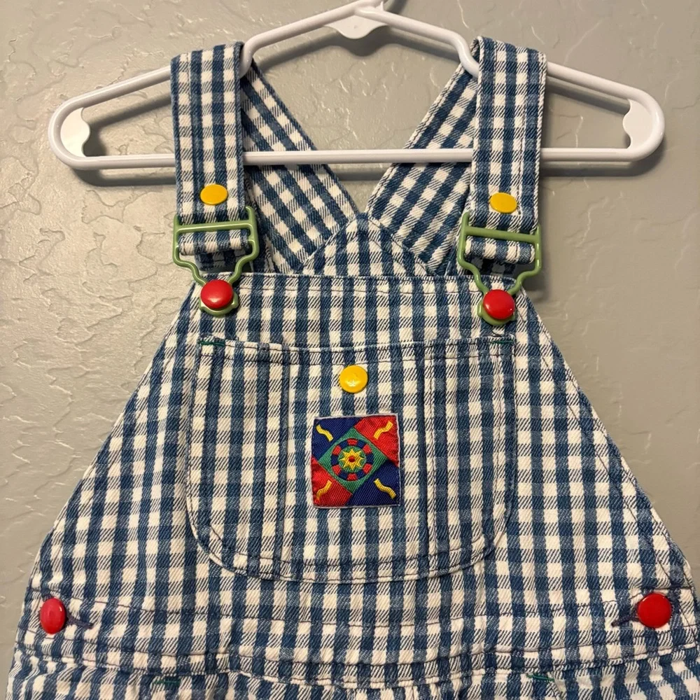Gymboree rainbow tag vintage blue white plaid check sun shortalls overalls small